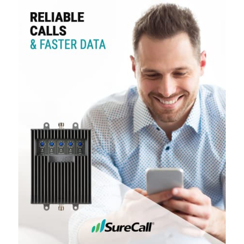 SureCall Fusion5s 2.0 최대 10000제곱피트의 가정 및 사무실용 휴대폰 신호 부스터, 야기 돔 안테나, 다중 사용자, 5G/4G LTE, Verizon, AT&T, Sprint, T-Mobile, FCC 승인, 미국 회사 부스트