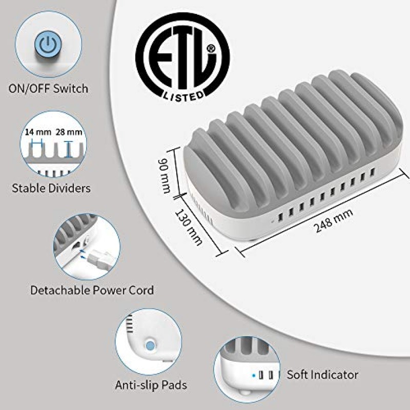 여러 장치를 위한 10포트 충전 스테이션, NTONPOWER USB 충전 도크, iPad 10대용 휴대폰 태블릿 정리함(각각 2.4A, 총 24A), Apple 제품 Kindle 등, ETL 등재