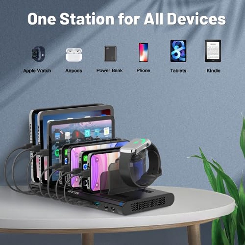 멀티 USB 충전 스테이션 Unitek 96W 10 포트 iPad, iPhone, 태블릿, iwatch, 노트북용으로 설계된 여러 장치용 QC 3.0 및 2 PD 18W 충전기 스테이션 주최자가 있는 고속 충전 도크