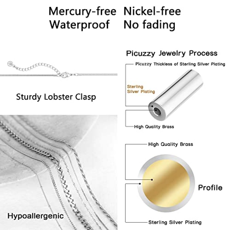 여성용 Picuzzy 실버 팔찌, 여성용 14k 골드/실버 팔찌 여성용 우아한 팔찌 유행 방수 여성용 피가로 로프 팔찌 세트 쌓을 수 있는 상자 클립 체인 팔찌 조절 가능한 실버 팔찌 팩 선물 여성용 쥬얼리 소녀