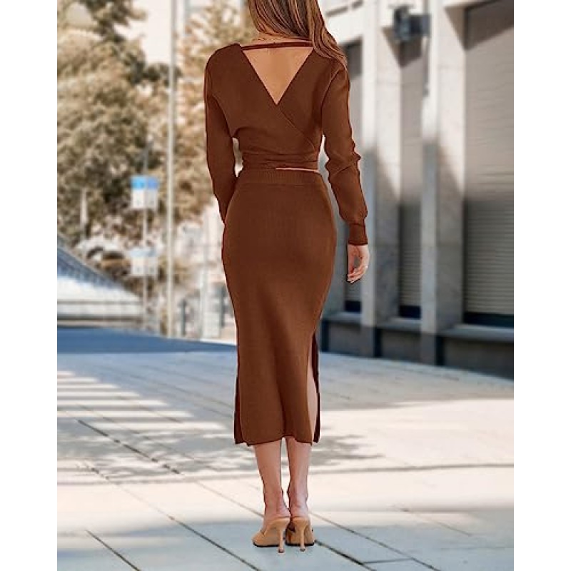 PRETTYGARDEN 여성 가을 ​​2 피스 의상 스웨터 긴 소매 랩 V 넥 벨트 백 레스 탑 Bodycon 슬릿 미디 스커트 세트