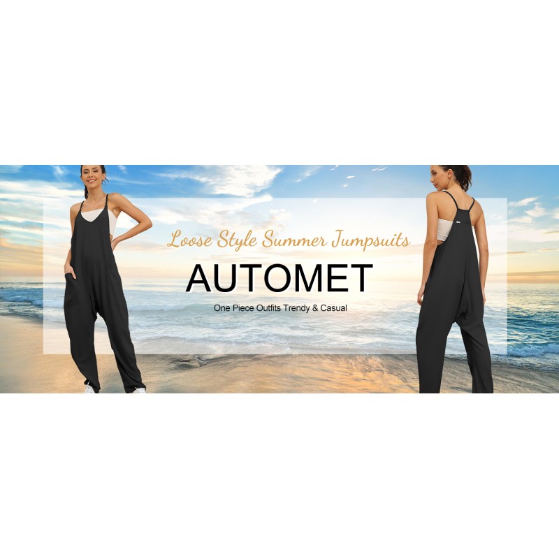 여성을위한 AUTOMET 점프 슈트 캐주얼 여름 Rompers 민소매 느슨한 스파게티 스트랩 헐렁한 오버올 포켓이있는 점퍼 2023