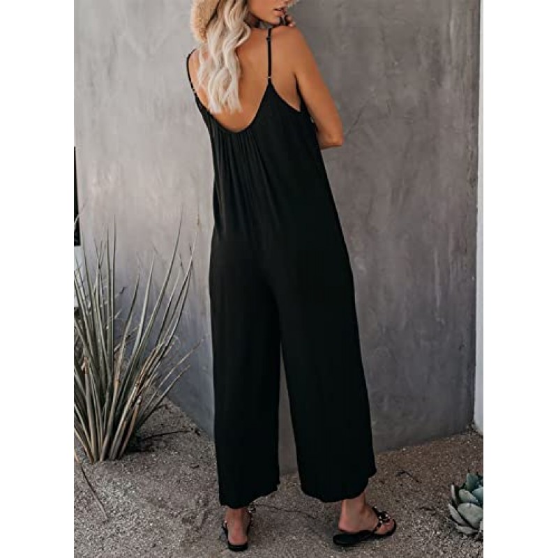 Dokotoo 여성용 느슨한 민소매 점프 슈트 조절 가능한 스파게티 스트랩 신축성있는 긴 바지 Romper Jumpsuit with Pockets