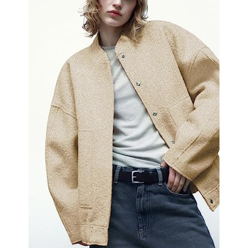 UANEO 여성 폭격기 재킷 캐주얼 오버사이즈 울 혼합 대표팀 가을 재킷 Shacket Outwear