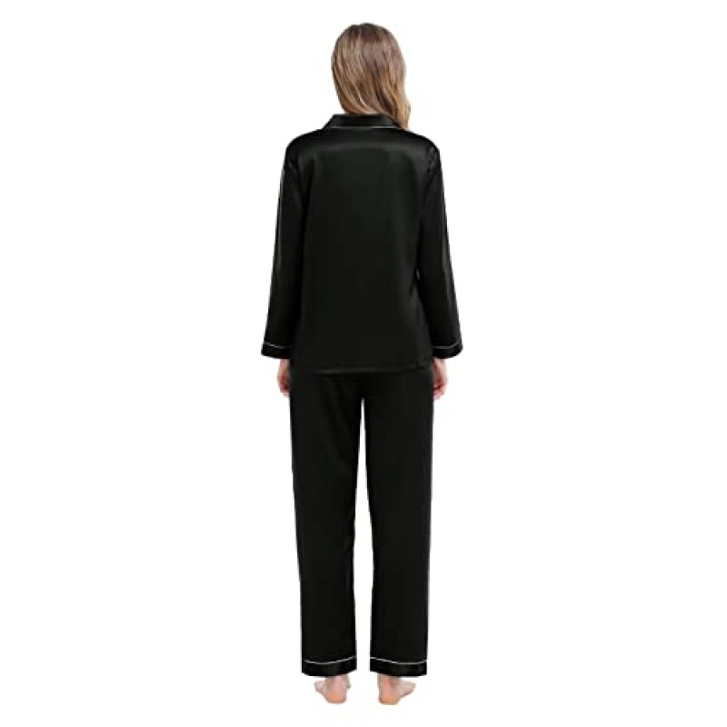 SWOMOG 커플 매칭 잠옷 세트 실크 새틴 긴 소매 잠옷 소프트 버튼 다운 Loungewear Pj 세트