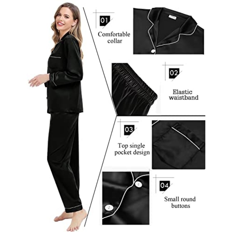 SWOMOG 커플 매칭 잠옷 세트 실크 새틴 긴 소매 잠옷 소프트 버튼 다운 Loungewear Pj 세트