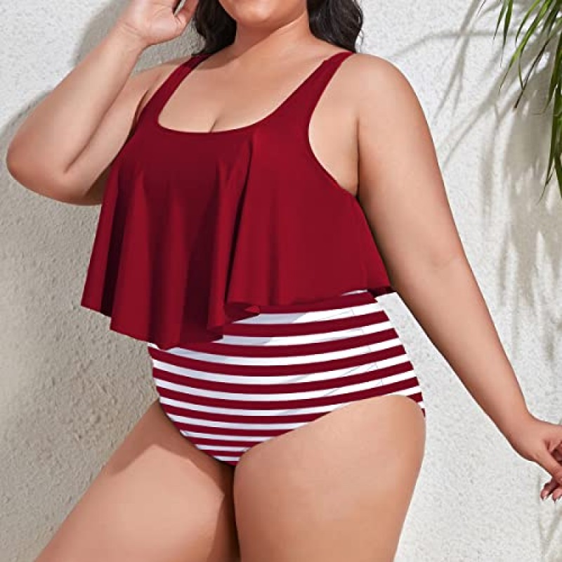 Mooncore Womens 플러스 사이즈 수영복 Tankini 하이 웨이스트 수영복 Flounce 비키니 수영복 투피스 수영복