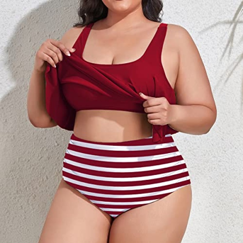 Mooncore Womens 플러스 사이즈 수영복 Tankini 하이 웨이스트 수영복 Flounce 비키니 수영복 투피스 수영복