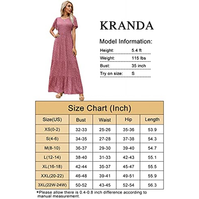 Kranda 여성 2023 여름 라운드 넥 짧은 플러터 슬리브 스목 프릴 꽃무늬 맥시 드레스