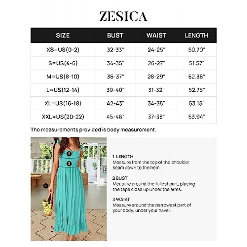 ZESICA 여성 2023 여름 보호 스파게티 스트랩 스퀘어 넥 솔리드 컬러 프릴 A 라인 비치 롱 맥시 드레스