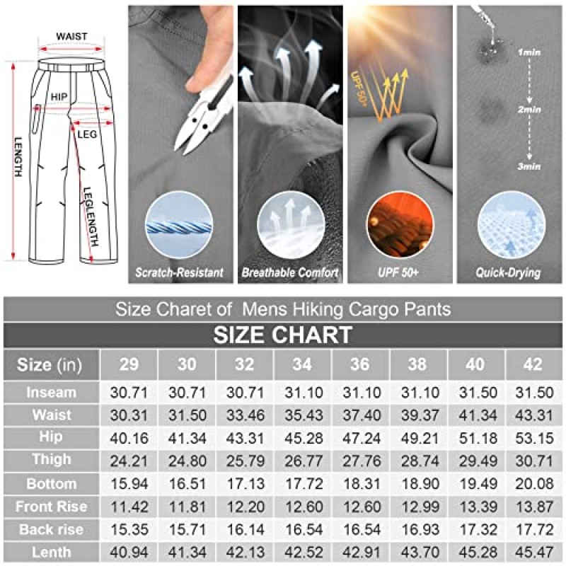 Linlon 남성용 아웃도어 캐주얼 속건성 경량 하이킹 카고 바지(포켓 8개 포함)
