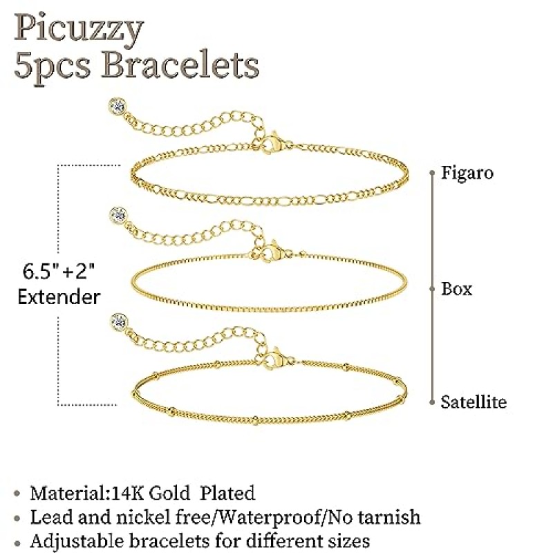 여성을 위한 Picuzzy 실버 팔찌, 여성을 위한 14k 골드/실버 팔찌 여성을 위한 우아한 팔찌 유행 방수 여성 피가로 로프 팔찌 세트 쌓을 수 있는 상자 웨이브 체인 팔찌 여성을 위한 조절 가능한 실버 팔찌 팩 선물 소녀