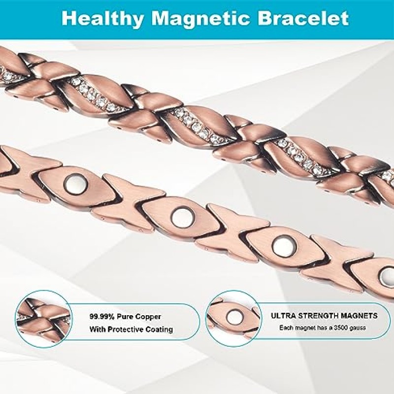 관절염 및 관절을 위한 여성용 EnerMagiX 구리 팔찌, 7.67인치 순수 구리 자기 및 크리스탈 팔찌, 3500 가우스 자석 어머니의 날 선물