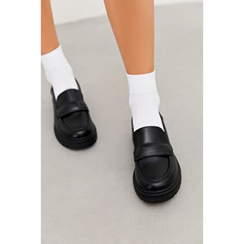 Womens Chunky Platform Loafer 라운드 발가락 미끄럼 방지 러그 단독 인조 가죽 캐주얼 슬립 온 작업 사무실 드레스 슈즈