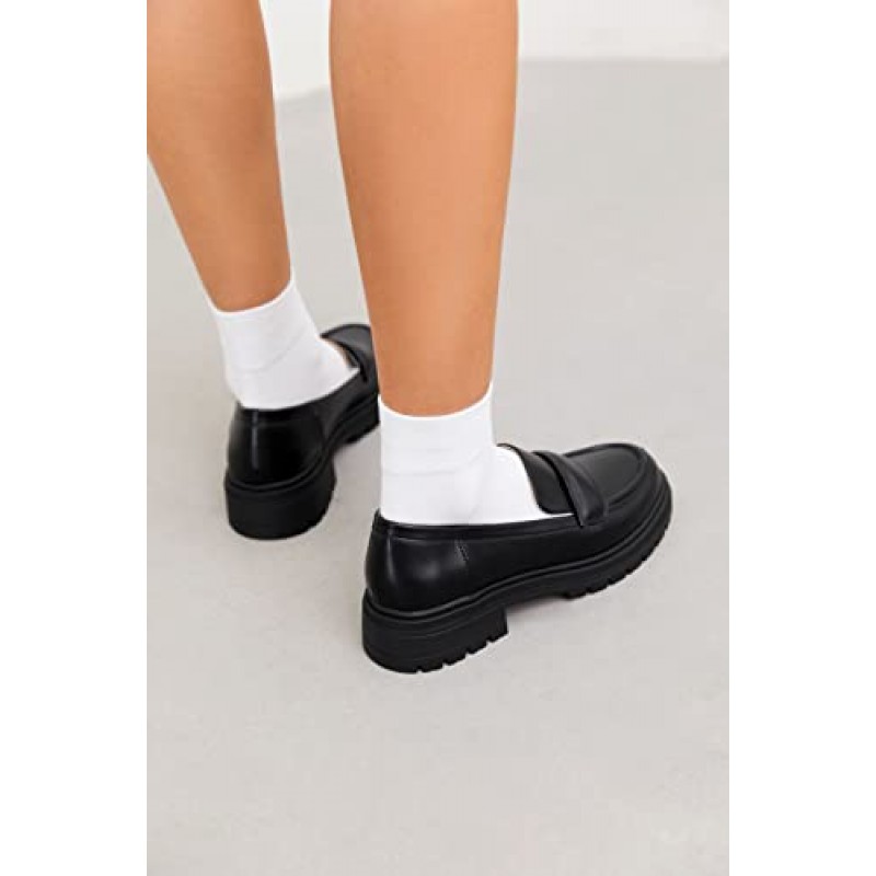 Womens Chunky Platform Loafer 라운드 발가락 미끄럼 방지 러그 단독 인조 가죽 캐주얼 슬립 온 작업 사무실 드레스 슈즈