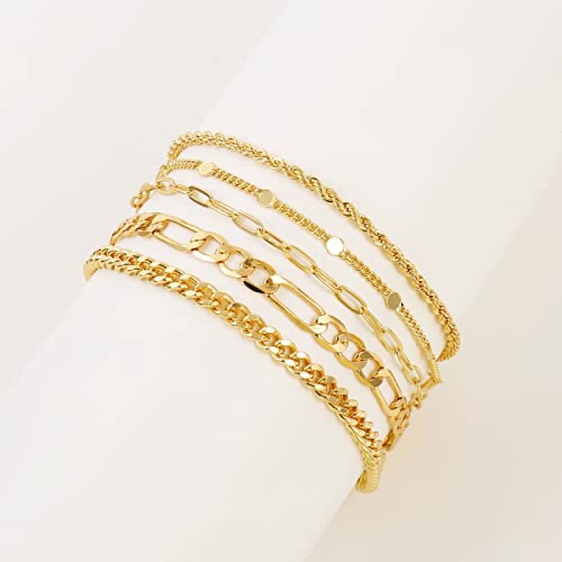 CONRAN KREMIX 14K 리얼 골드 채워진 여성용 팔찌 Stackable Dainty Link 골드 팔찌 세트 트렌디 쥬얼리