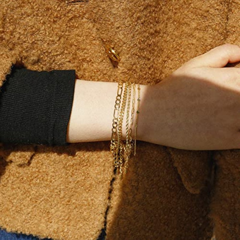 CONRAN KREMIX 14K 리얼 골드 채워진 여성용 팔찌 Stackable Dainty Link 골드 팔찌 세트 트렌디 쥬얼리