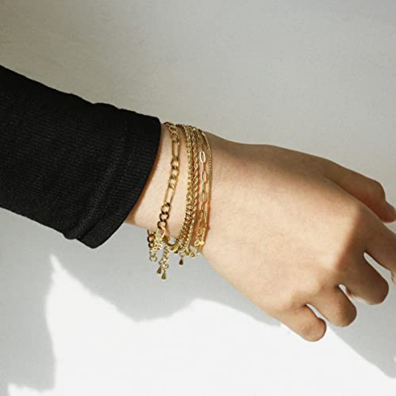 CONRAN KREMIX 14K 리얼 골드 채워진 여성용 팔찌 Stackable Dainty Link 골드 팔찌 세트 트렌디 쥬얼리
