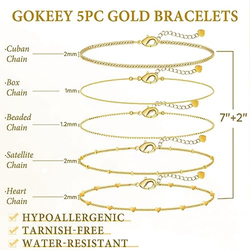 Gokeey 여성용 우아한 골드 팔찌, 여성용 14K 리얼 골드 체인 쥬얼리, 방수 쌓을 수 있는 얇은 쿠바 클립 링크 팔찌 팩 트렌디한 미니멀리스트 작은 귀여운 스택 세트 소녀를 위한 골드 액세서리 선물