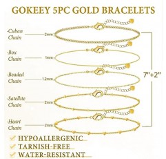 Gokeey 여성용 우아한 골드 팔찌, 여성용 14K 리얼 골드 체인 쥬얼리, 방수 쌓을 수 있는 얇은 쿠바 클립 링크 팔찌 팩 트렌디한 미니멀리스트 작은 귀여운 스택 세트 소녀를 위한 골드 액세서리 선물