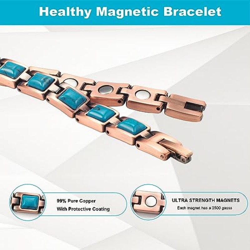 관절염 및 관절을 위한 여성용 EnerMagiX 구리 팔찌, 조정 가능한 쉬운 링크 파란색 청록색 순수 구리 마그네틱 팔찌, 3500 가우스 유효