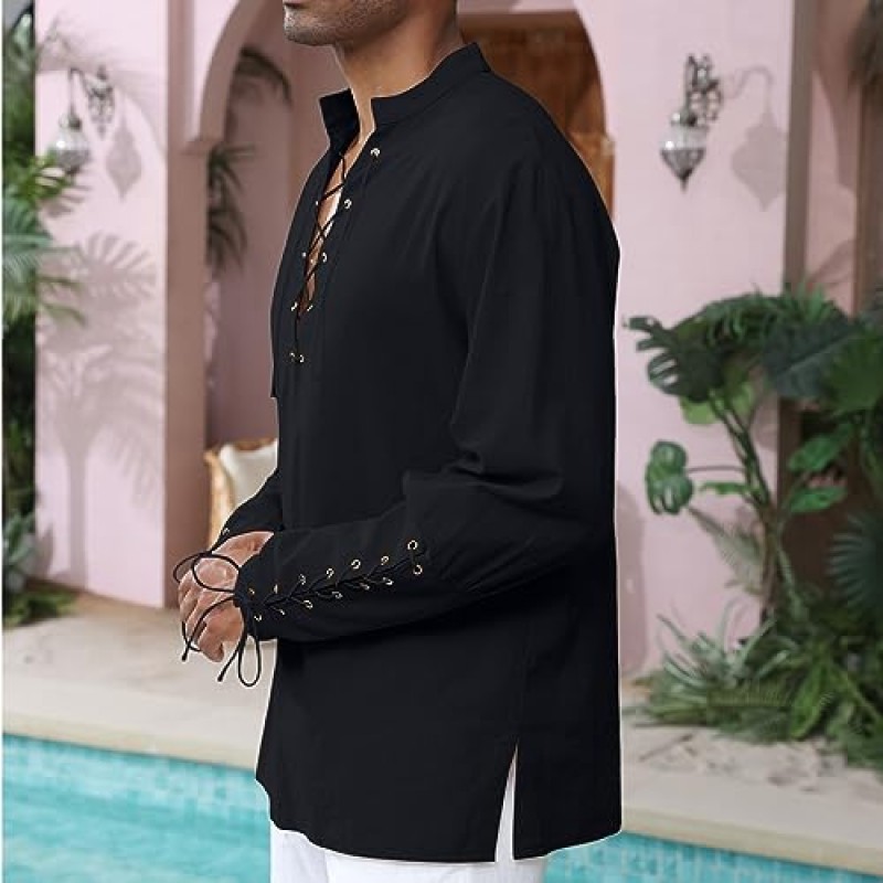 남성용 코튼 린넨 셔츠 Drawstring Arm Banded Tops 중세 바이킹 해적 르네상스 할로윈 의상