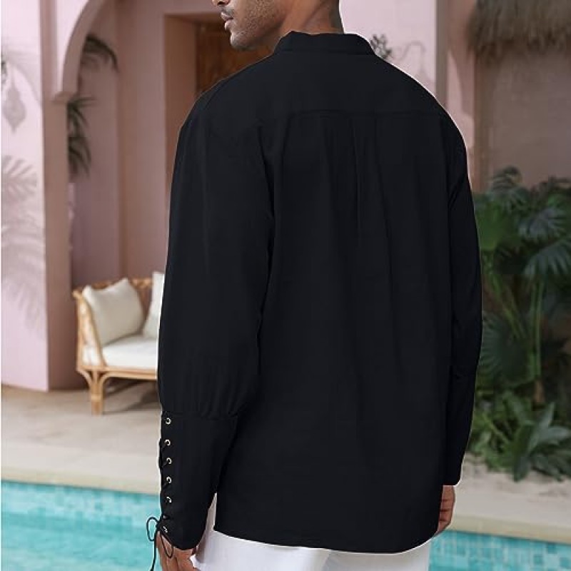 남성용 코튼 린넨 셔츠 Drawstring Arm Banded Tops 중세 바이킹 해적 르네상스 할로윈 의상