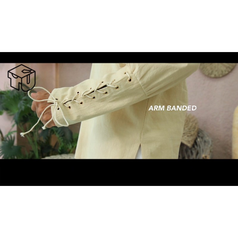 남성용 코튼 린넨 셔츠 Drawstring Arm Banded Tops 중세 바이킹 해적 르네상스 할로윈 의상