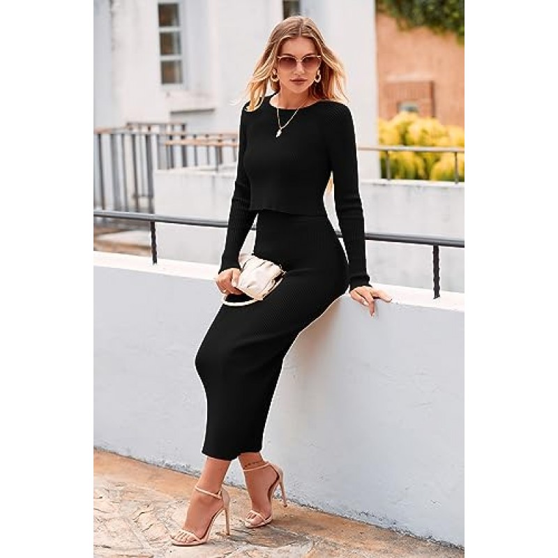 PRETTYGARDEN 여성 가을 ​​2 피스 스웨터 세트 리브 니트 긴 소매 자르기 탑 Maxi Bodycon 스커트 캐주얼 의상 드레스