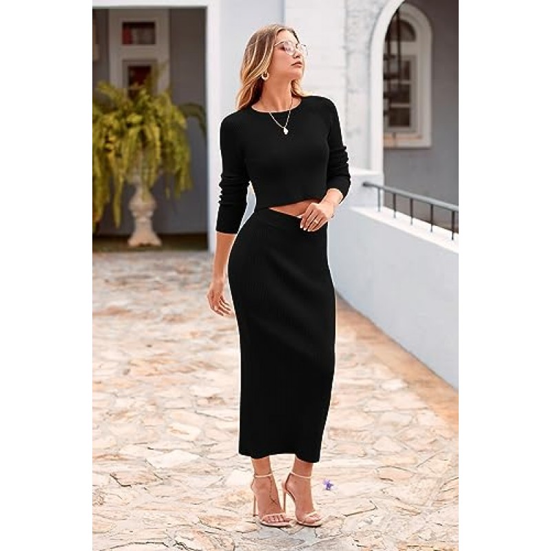 PRETTYGARDEN 여성 가을 ​​2 피스 스웨터 세트 리브 니트 긴 소매 자르기 탑 Maxi Bodycon 스커트 캐주얼 의상 드레스
