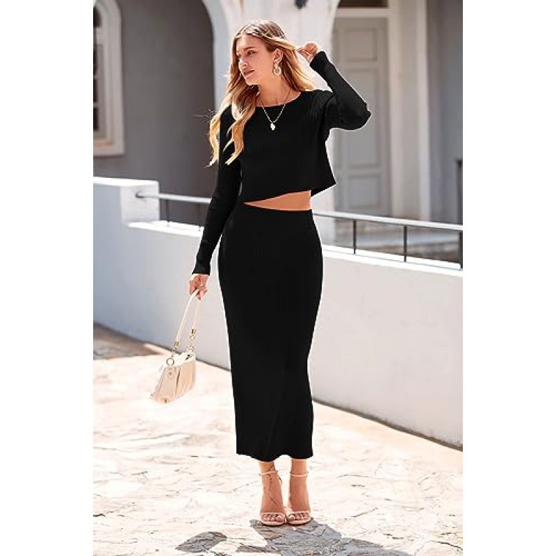 PRETTYGARDEN 여성 가을 ​​2 피스 스웨터 세트 리브 니트 긴 소매 자르기 탑 Maxi Bodycon 스커트 캐주얼 의상 드레스