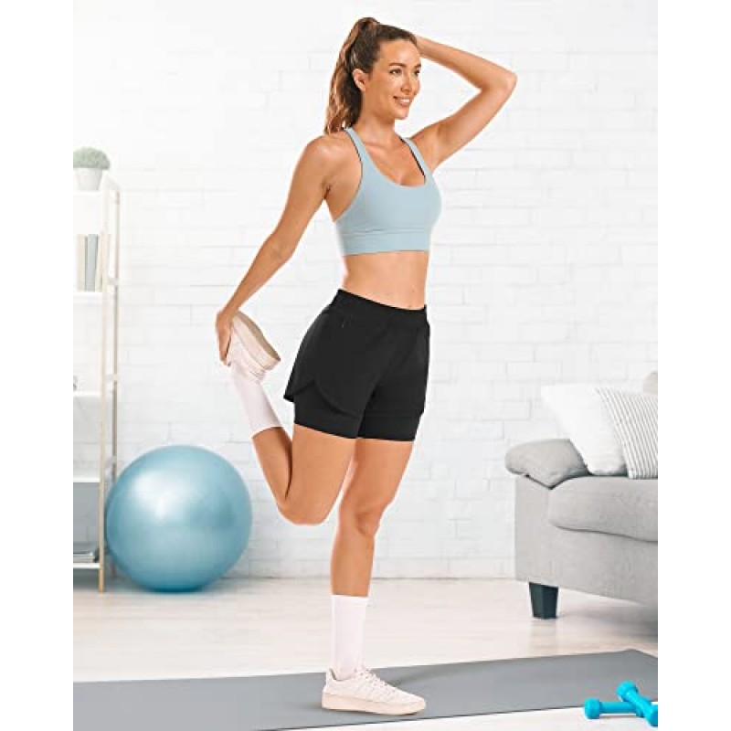 Stelle Women 2 in 1 러닝 반바지 하이 웨이스트 운동 반바지 라이너 지퍼 포켓이 있는 체육관 운동 반바지