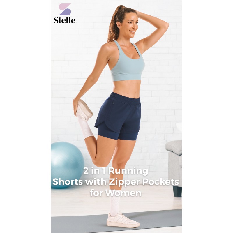 Stelle Women 2 in 1 러닝 반바지 하이 웨이스트 운동 반바지 라이너 지퍼 포켓이 있는 체육관 운동 반바지