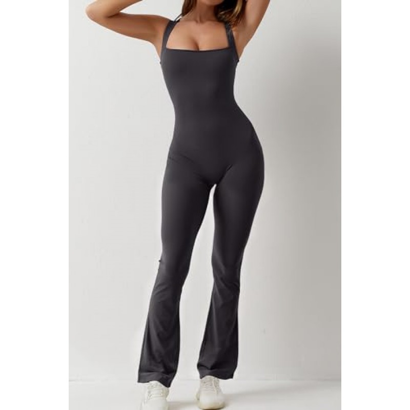 QINSEN 여성용 플레어 점프 슈트 Strappy Square Neck Bodycon 전체 길이 롱 팬츠 캐주얼 Playsuit