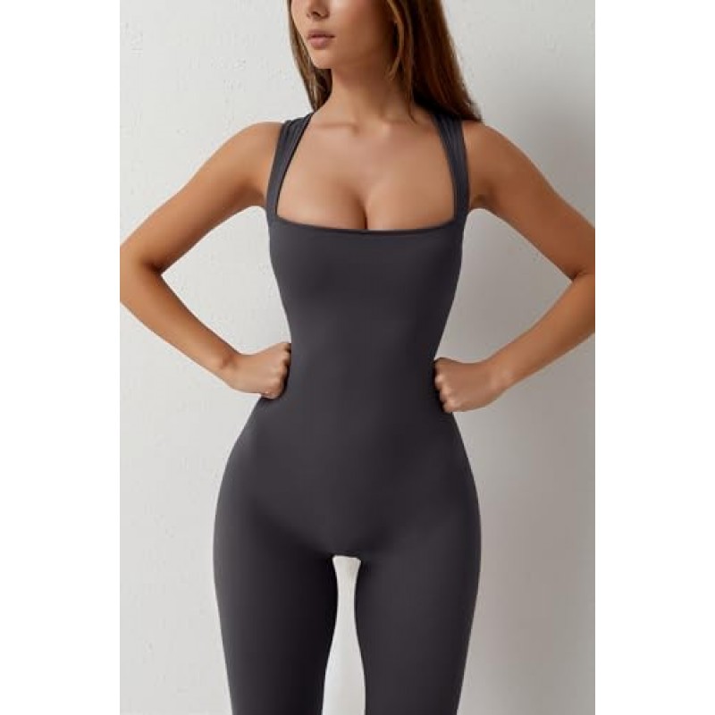 QINSEN 여성용 플레어 점프 슈트 Strappy Square Neck Bodycon 전체 길이 롱 팬츠 캐주얼 Playsuit