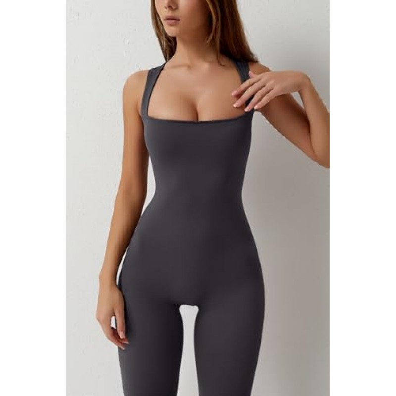 QINSEN 여성용 플레어 점프 슈트 Strappy Square Neck Bodycon 전체 길이 롱 팬츠 캐주얼 Playsuit
