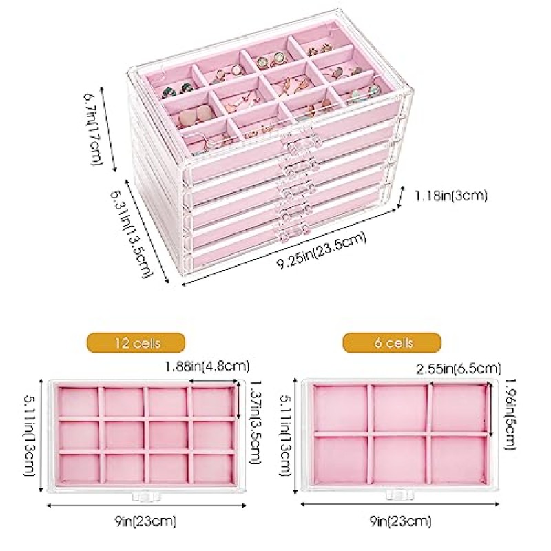 ProCase 귀걸이 정리함 5개의 서랍이 있는 보석 정리함, 쌓을 수 있는 아크릴 보석 홀더 투명 귀걸이 보관 케이스(여성용 드레서 세면대 - 핑크, 5겹 조절 가능 벨벳 트레이 포함)