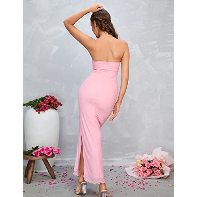 XinFSh 여성용 Strapless Bodycon Ruched Dresses 빈티지 오픈 백 본드 코르셋 맥시 드레스