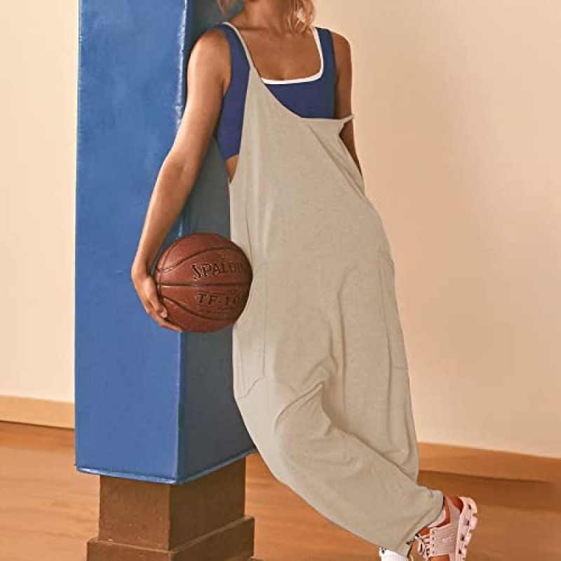 Ainangua 여성 캐주얼 민소매 점프 슈트 조절 가능한 스파게티 스트랩 오버올 긴 하렘 바지 Romper with Pockets