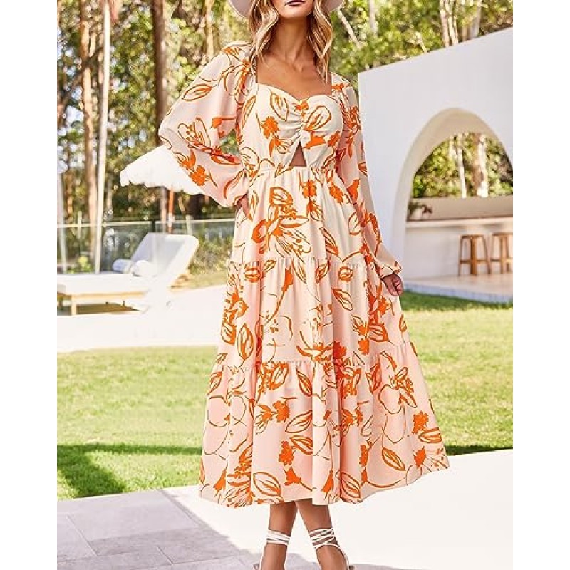 BTFBM 여성 가을 ​​드레스 2023 캐주얼 스퀘어 넥 퍼프 긴 소매 스모크 컷 아웃 Boho Floral Flowy Long Maxi Dress