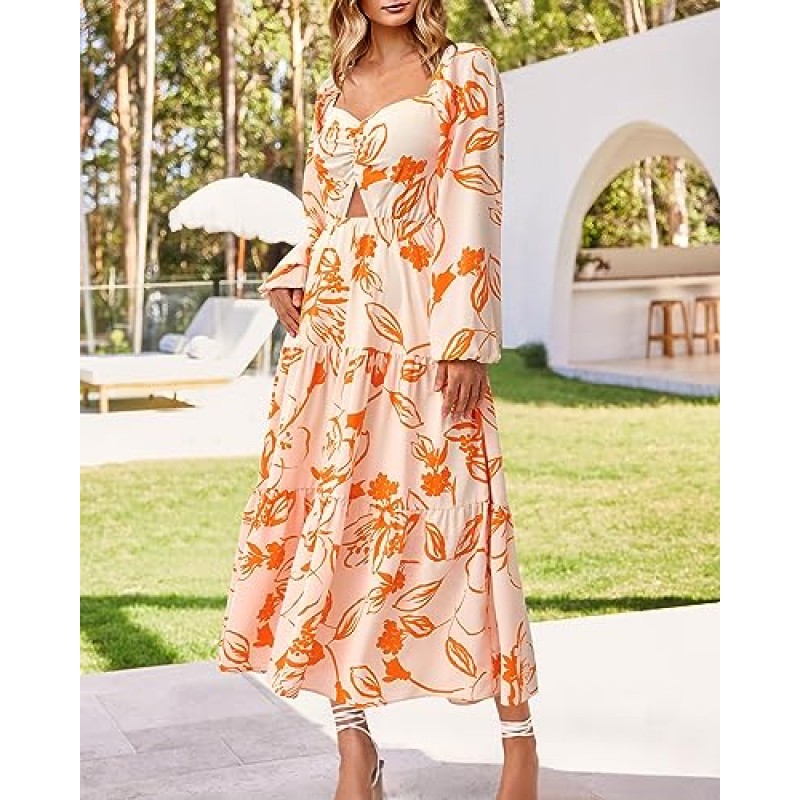 BTFBM 여성 가을 ​​드레스 2023 캐주얼 스퀘어 넥 퍼프 긴 소매 스모크 컷 아웃 Boho Floral Flowy Long Maxi Dress
