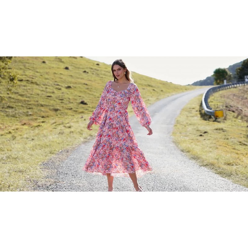 BTFBM 여성 가을 ​​드레스 2023 캐주얼 스퀘어 넥 퍼프 긴 소매 스모크 컷 아웃 Boho Floral Flowy Long Maxi Dress