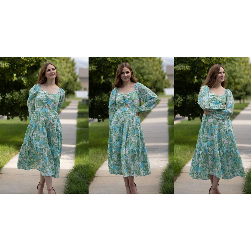BTFBM 여성 가을 ​​드레스 2023 캐주얼 스퀘어 넥 퍼프 긴 소매 스모크 컷 아웃 Boho Floral Flowy Long Maxi Dress