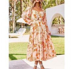 BTFBM 여성 가을 ​​드레스 2023 캐주얼 스퀘어 넥 퍼프 긴 소매 스모크 컷 아웃 Boho Floral Flowy Long Maxi Dress