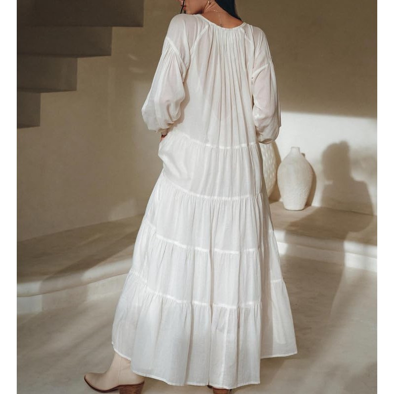 Argeousgor Boho Flowy Maxi 드레스 여성용 퍼프 긴 소매 스퀘어 넥 자수 스윙 티어드 롱 드레스