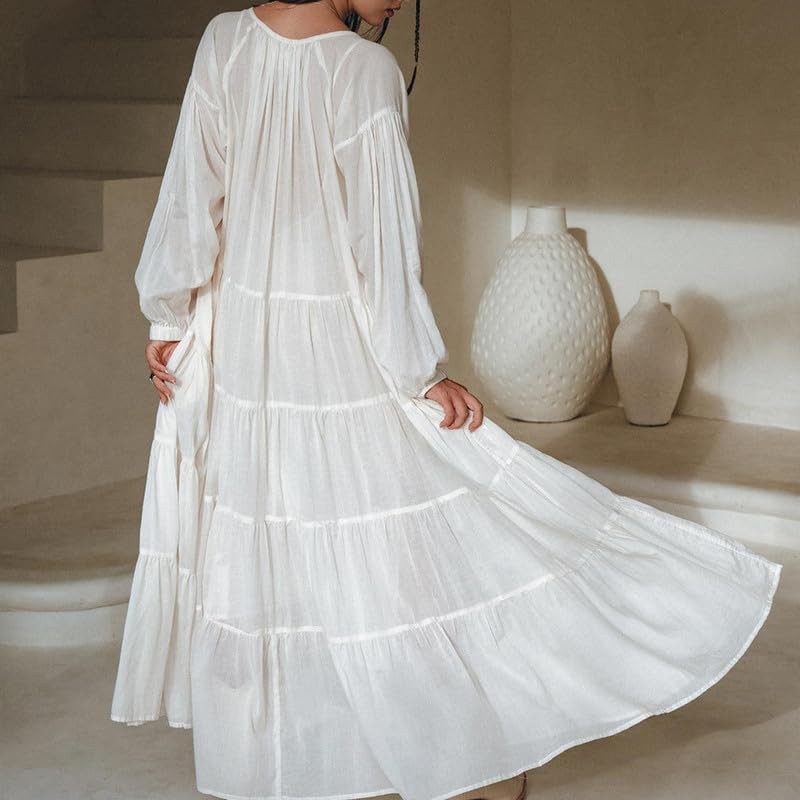 Argeousgor Boho Flowy Maxi 드레스 여성용 퍼프 긴 소매 스퀘어 넥 자수 스윙 티어드 롱 드레스