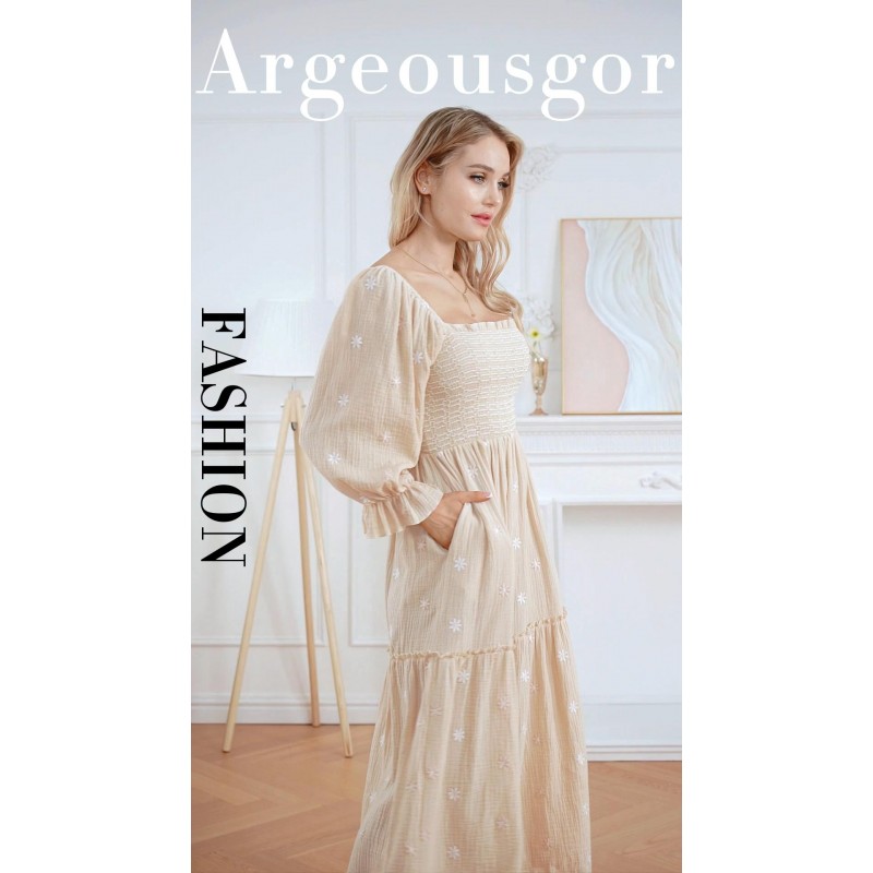 Argeousgor Boho Flowy Maxi 드레스 여성용 퍼프 긴 소매 스퀘어 넥 자수 스윙 티어드 롱 드레스