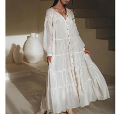Argeousgor Boho Flowy Maxi 드레스 여성용 퍼프 긴 소매 스퀘어 넥 자수 스윙 티어드 롱 드레스