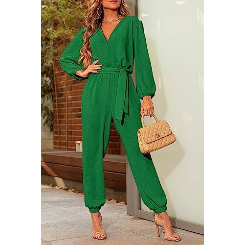 PRETTYGARDEN 여성 2023 가을 점프슈트 캐주얼 Dressy 원피스 복장 V 넥 긴 소매 벨트 포켓 긴 바지 Romper