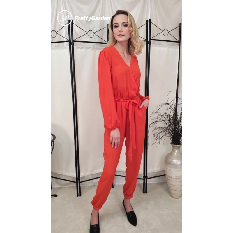 PRETTYGARDEN 여성 2023 가을 점프슈트 캐주얼 Dressy 원피스 복장 V 넥 긴 소매 벨트 포켓 긴 바지 Romper